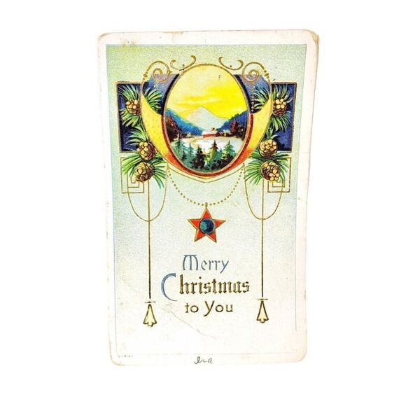 Antique 1911 JB Embossed Christmas US Benjamin Franklin One Cent Stamp Postcard - Picture 3 of 8